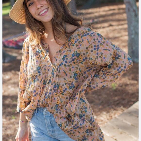 NATURAL LIFE Tops - Natural Life Light Brown Floral Peasant Top Frayed Boho Grunge Prairie Cottage